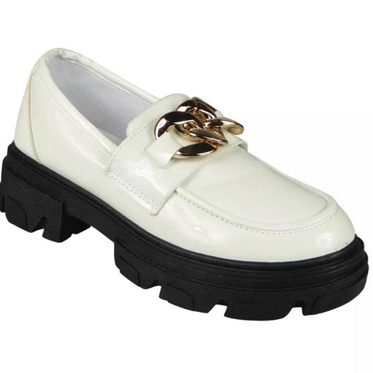 White Patent Faux Leather Chain Chunky Loafers