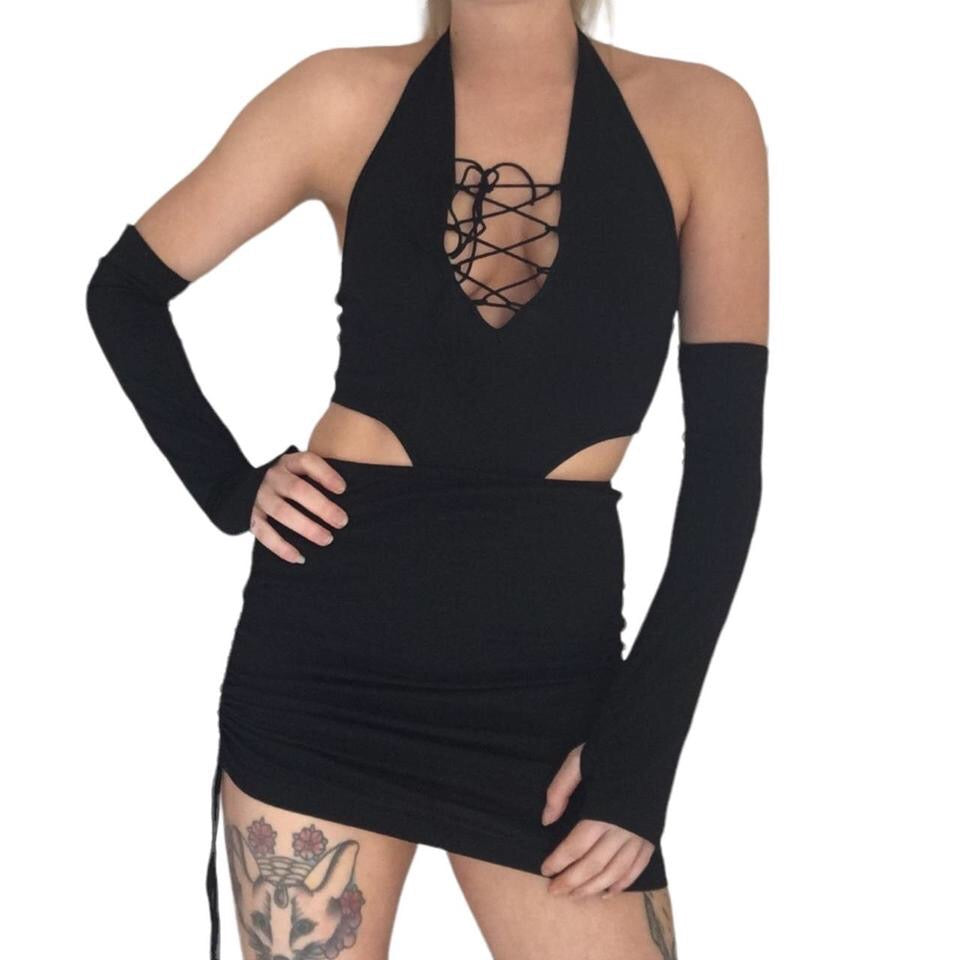 Black Lace Up 3 Piece Techno Festival Dress Set