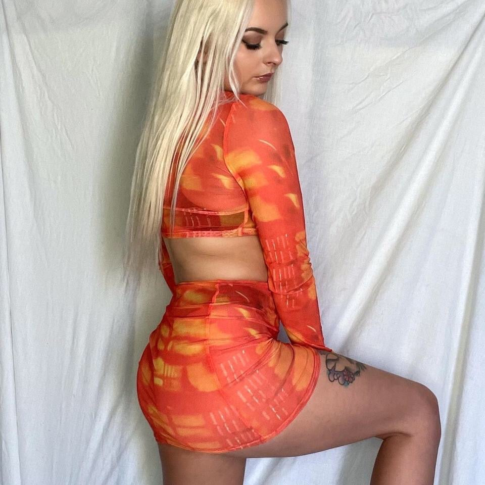 Orange Tie Dye Mesh Skirt Festival Set