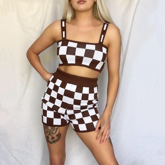 Brown Checkerboard Knitted Shorts Set