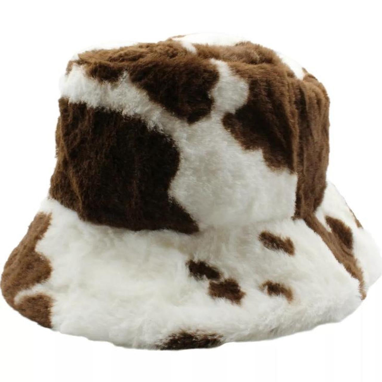 White and Brown Cow Print Fluffy Bucket Hat