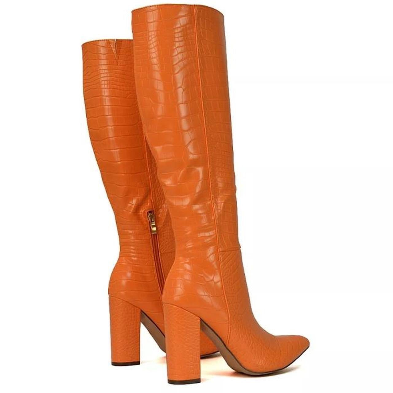 Orange Faux Leather Crocodile Knee High Heel Boots