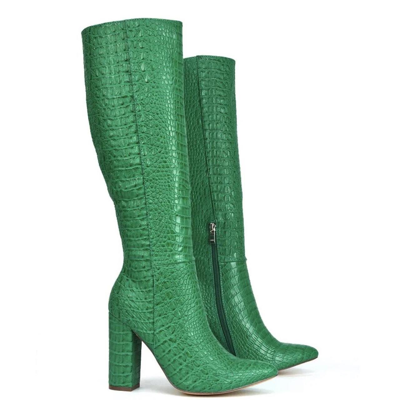 Green Faux Leather Crocodile Knee High Heel Boots