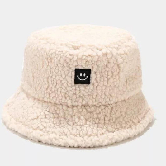 Cream Fuzzy Smiley Face Bucket Hat