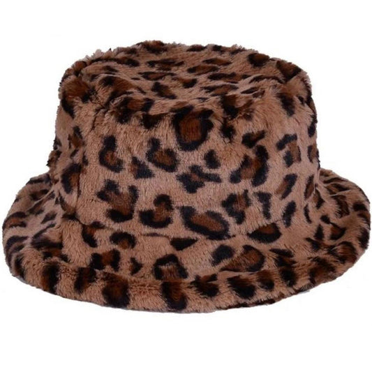 Brown Leopard Print Fluffy Faux Fur Bucket Hat