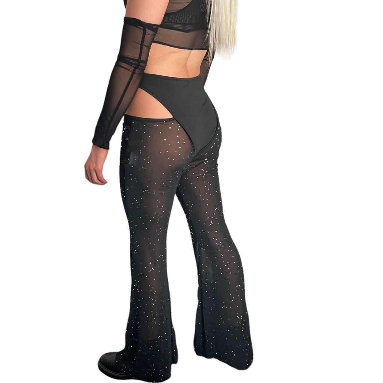 Black Rhinestone Cut Out Mesh Festival Flare Trousers