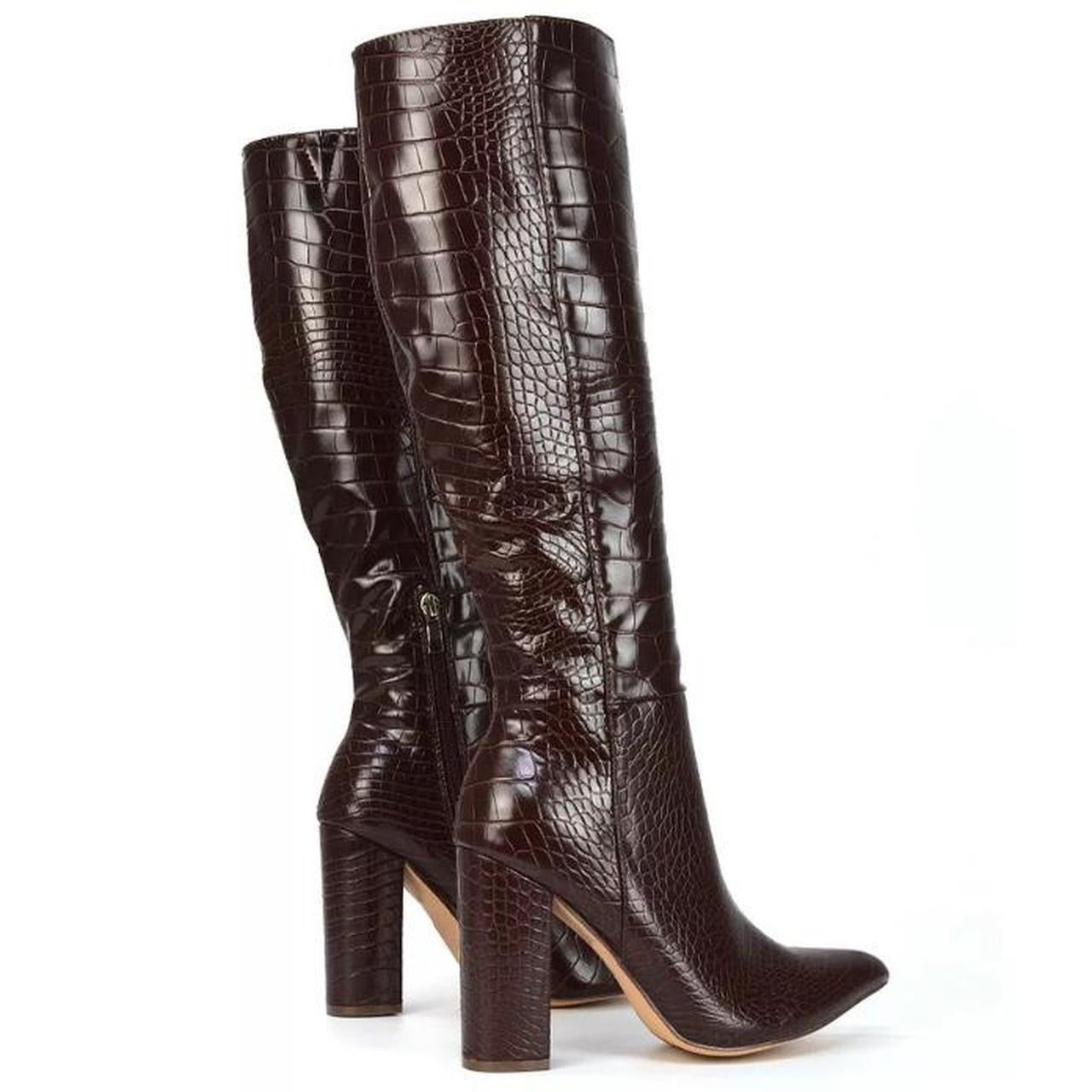 Brown Faux Leather Crocodile Knee High Heel Boots