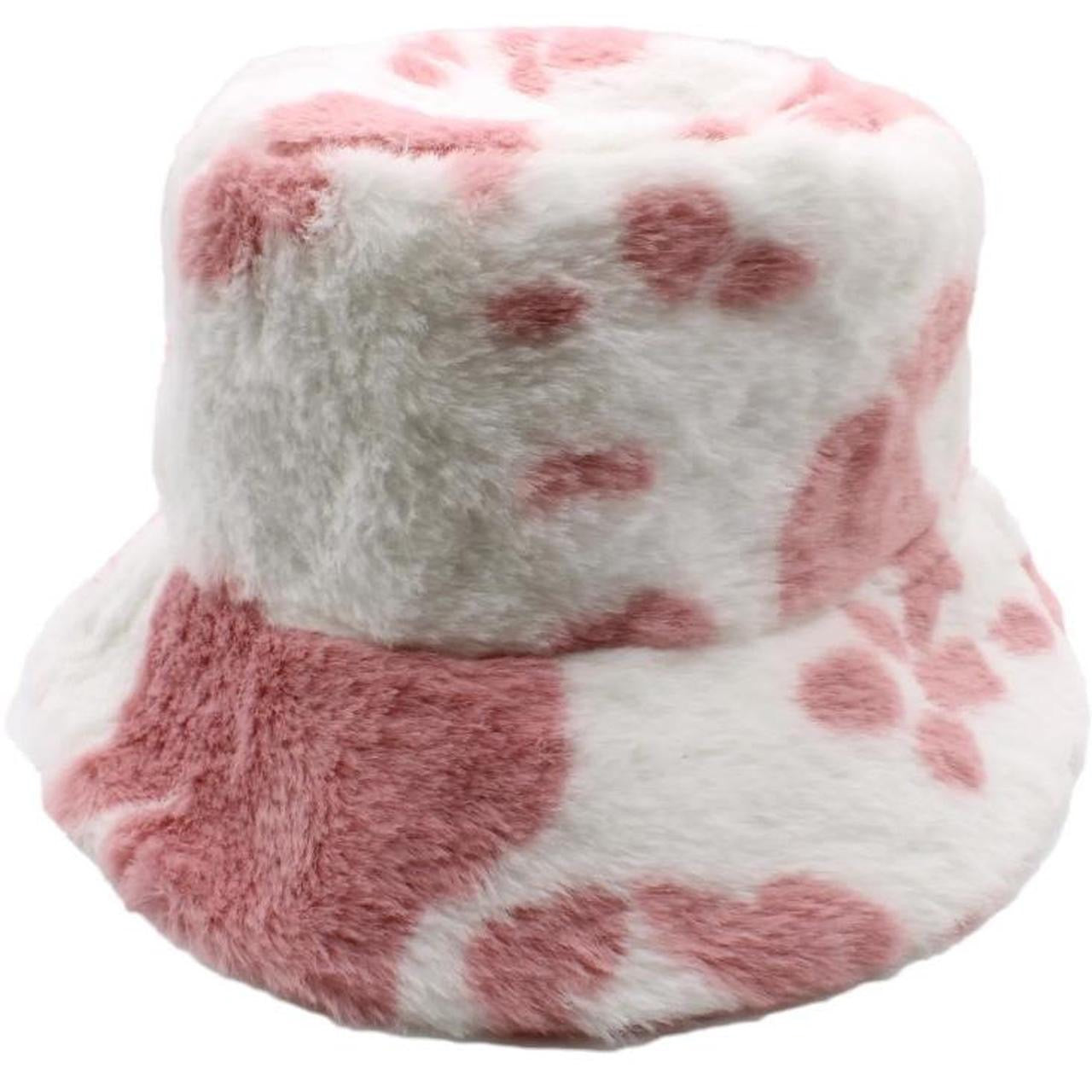 Pink and White Cow Print Fluffy Bucket Hat