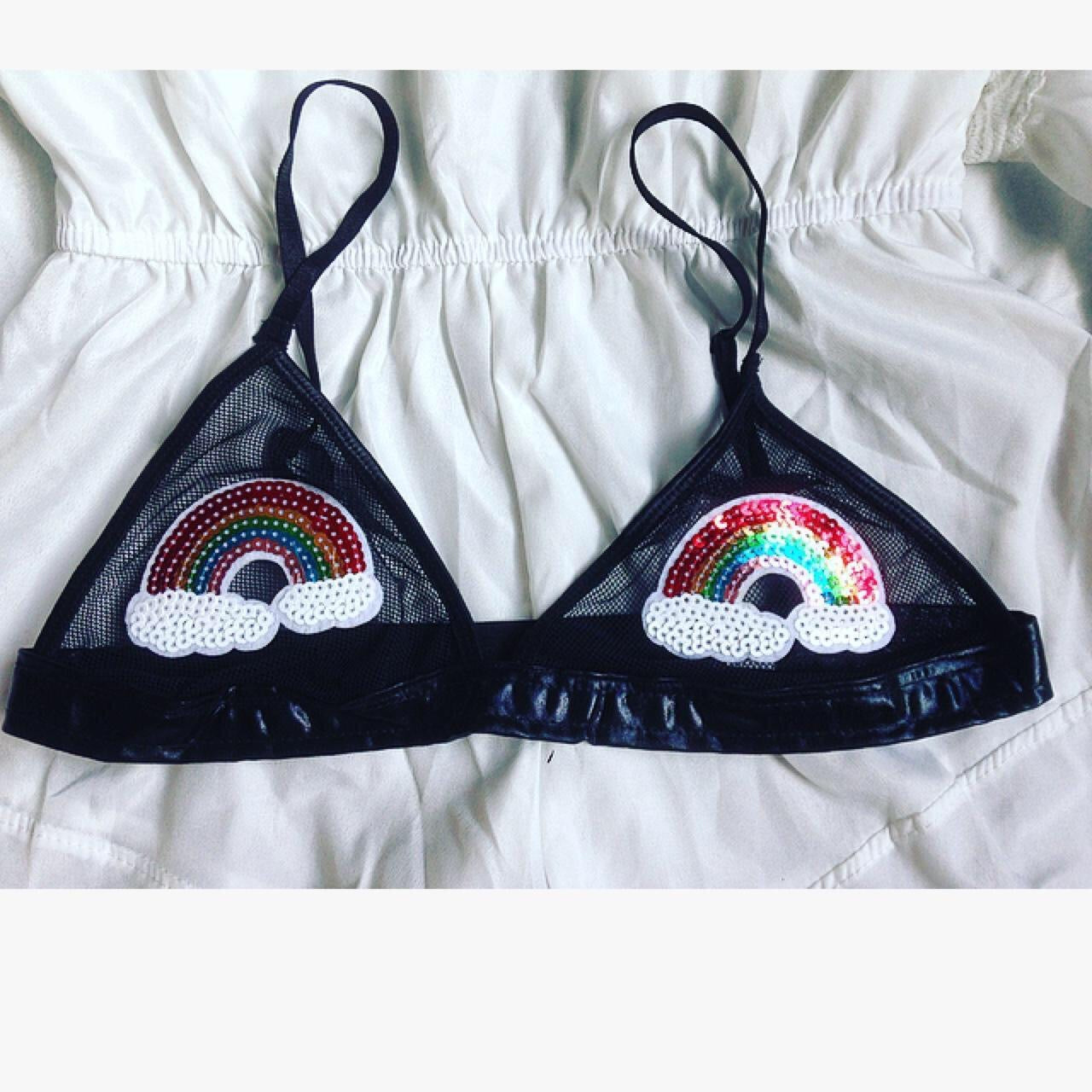 Sequin Rainbow Patch Mesh Faux Leather Bra