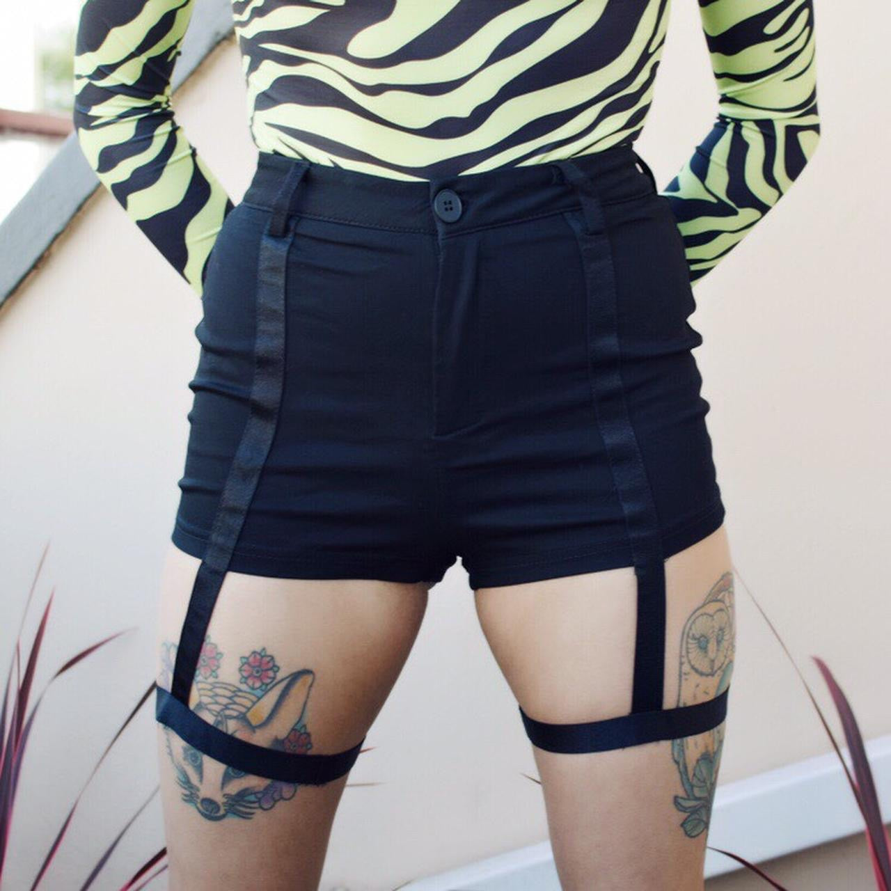 Black High Waisted Leg Garter Punk Shorts