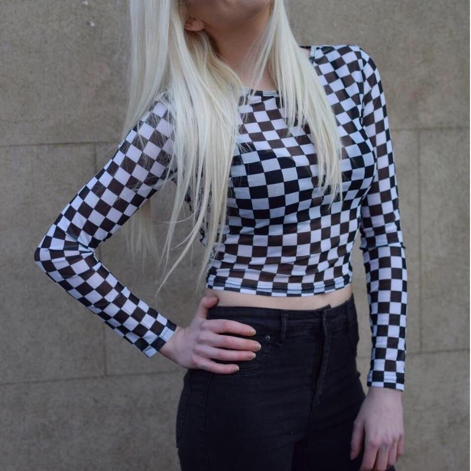 Black and White Checkerboard Mesh Crop Top