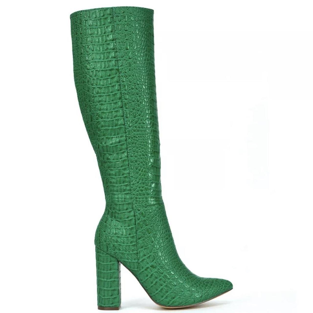 Green Faux Leather Crocodile Knee High Heel Boots