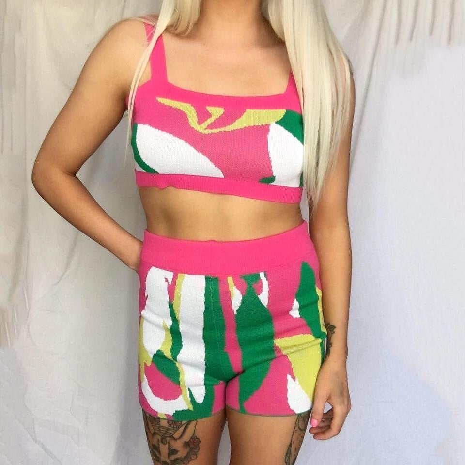 Pink Knitted Abstract Print Shorts Set