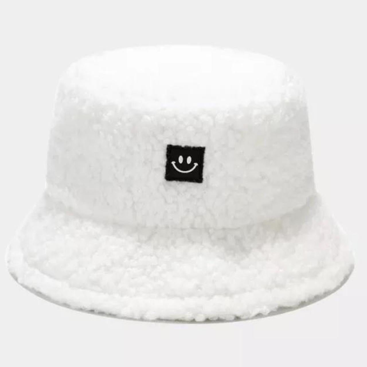 White Fuzzy Smiley Face Bucket Hat