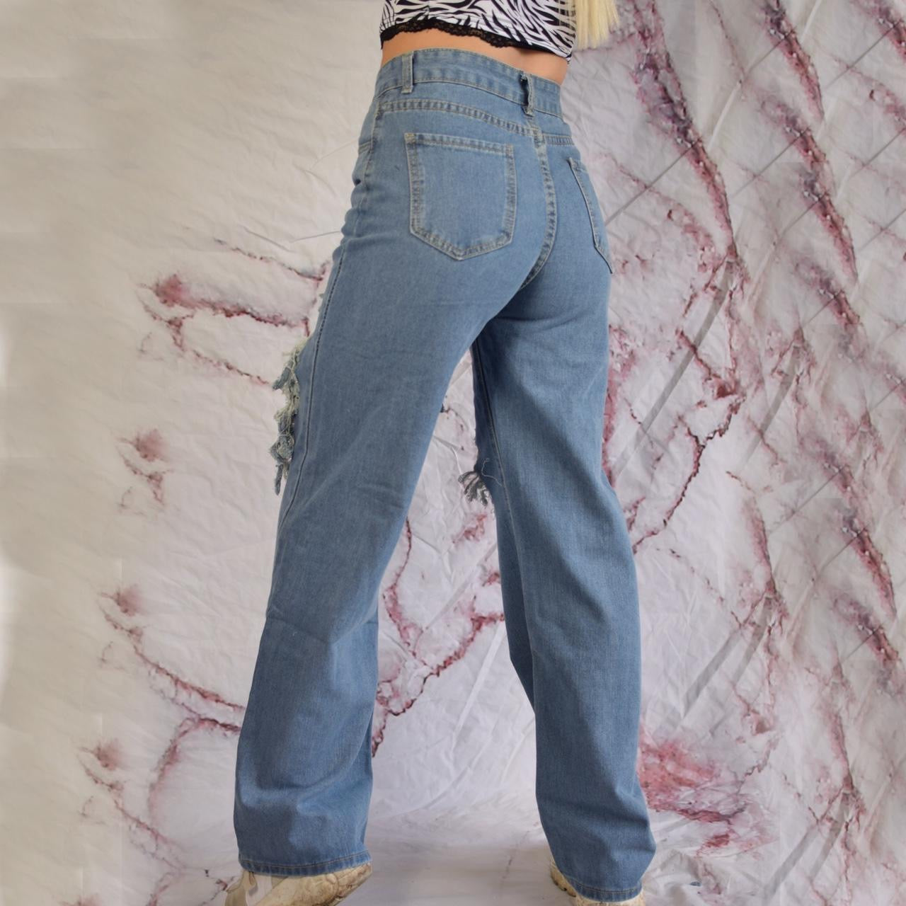 Blue Distressed Wide Leg Baggy Jeans