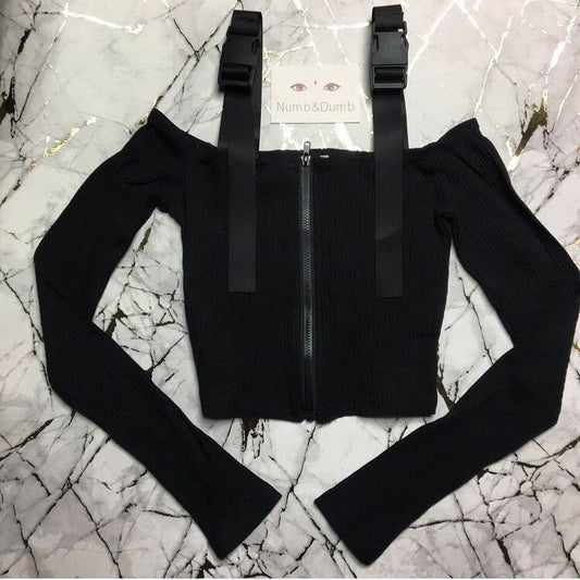 Black Zip Off Shoulder Buckle Strap Crop Top