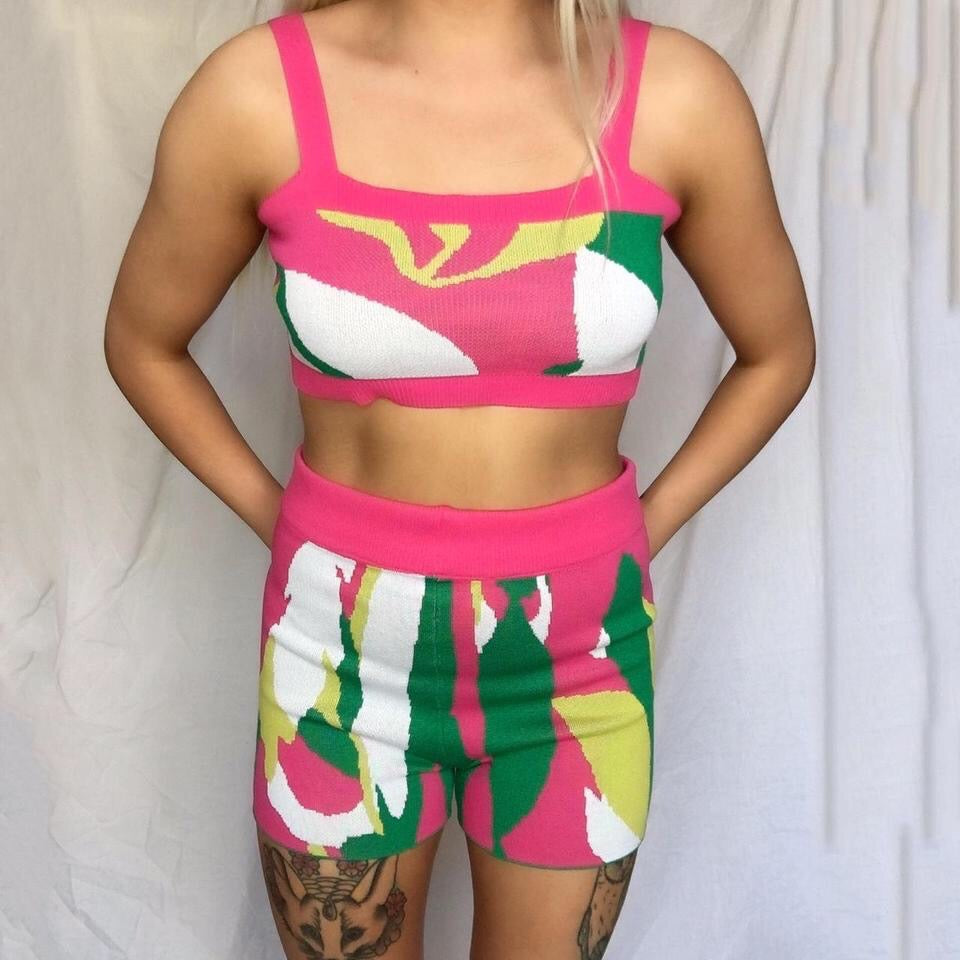 Pink Knitted Abstract Print Shorts Set