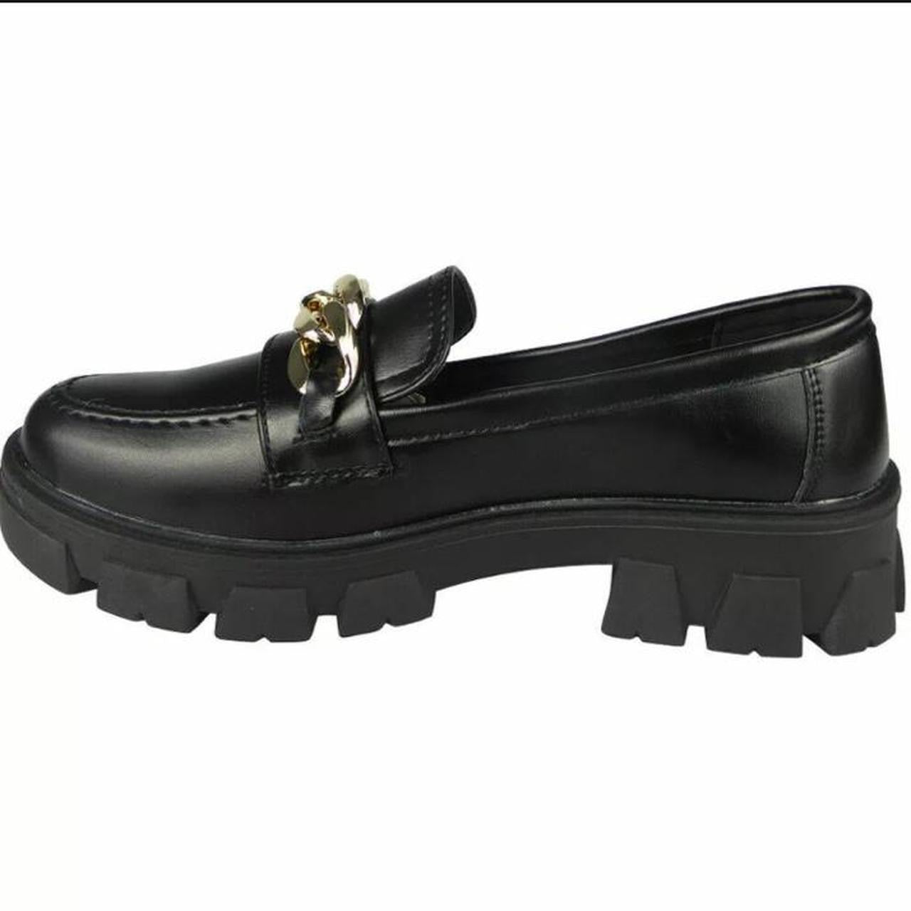 Black Faux Leather Chunky Chain Loafers