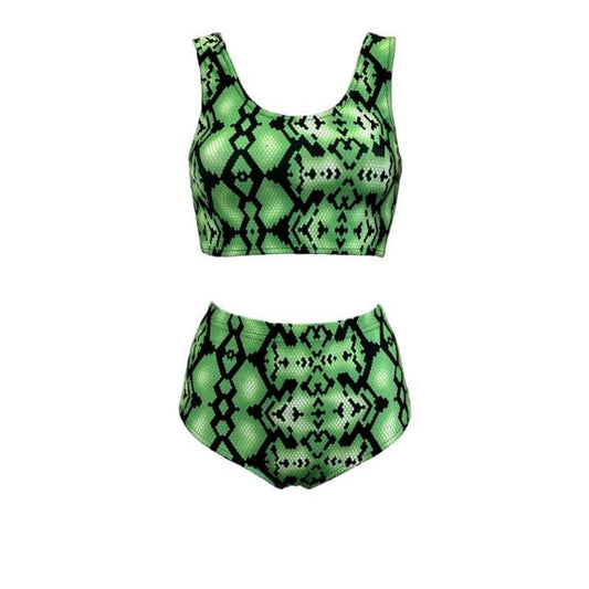 Green Snakeskin Print Shorts Crop Top Co-Ord Festival Set