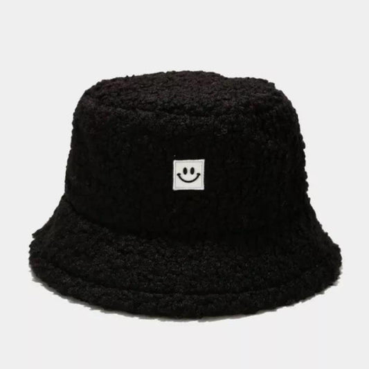 Black Fuzzy Smiley Face Bucket Hat