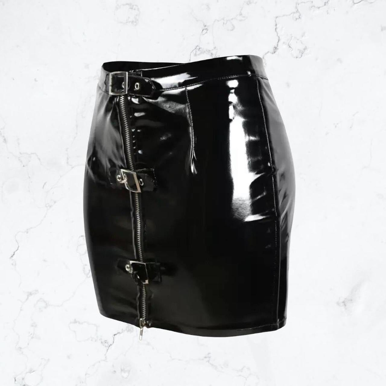 Black PVC Faux Leather Buckle Mini Skirt