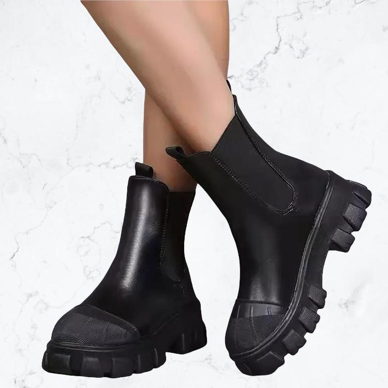 Black Chunky Faux Leather Chelsea Boots