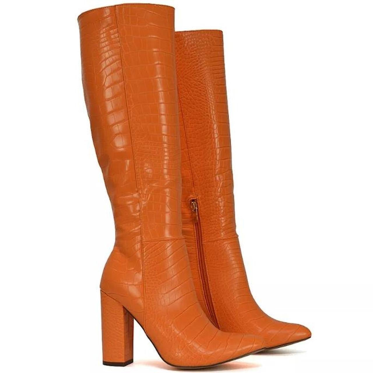 Orange Faux Leather Crocodile Knee High Heel Boots