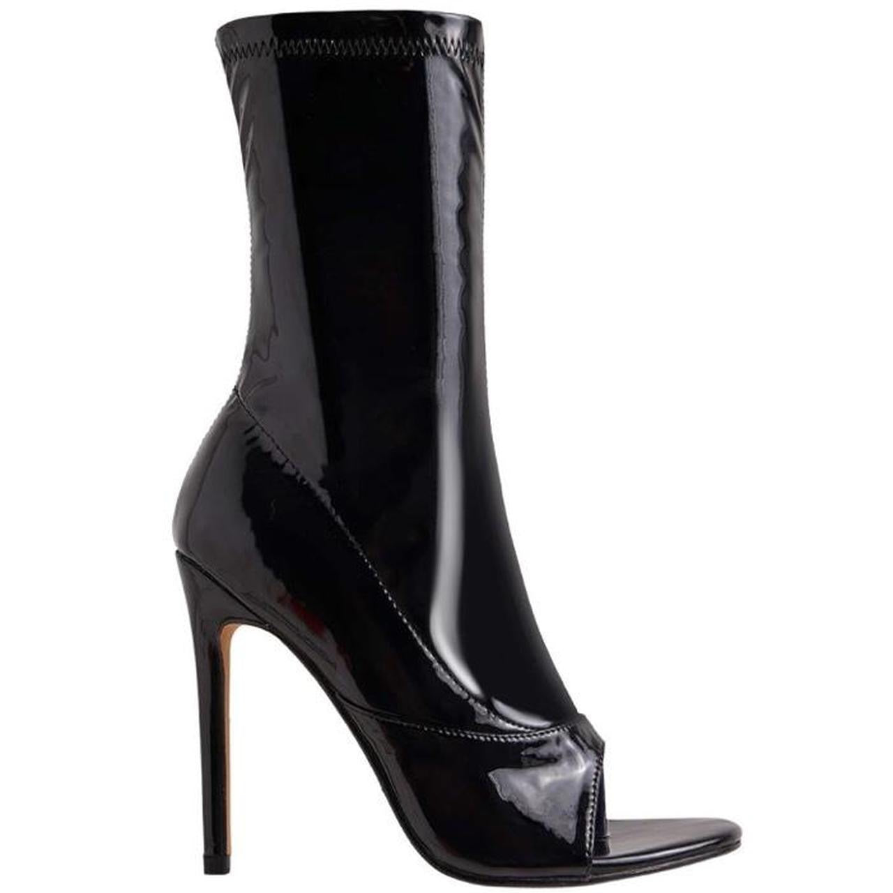 Black Faux Leather Stiletto Open Toe Ankle Boots