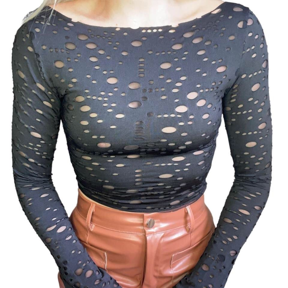 Black Double Layer Mesh Hole Long Sleeve Crop top