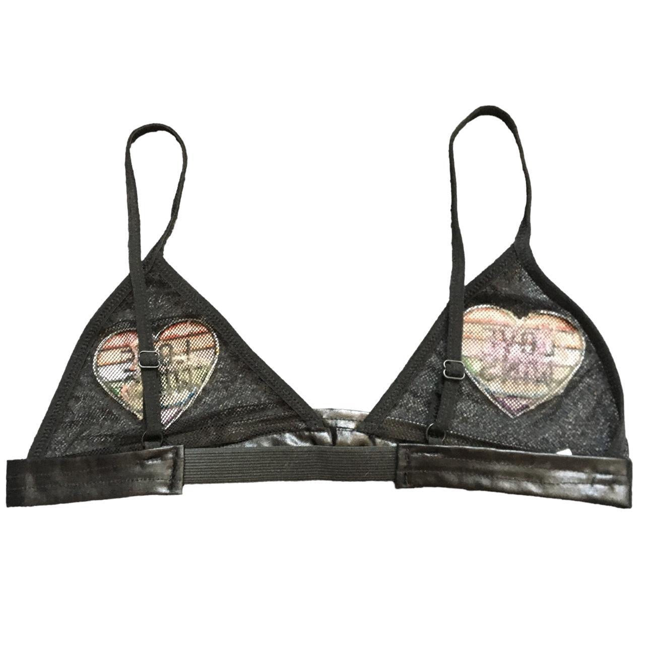 Love Wins Rainbow Heart Patch Mesh Faux Leather Bra