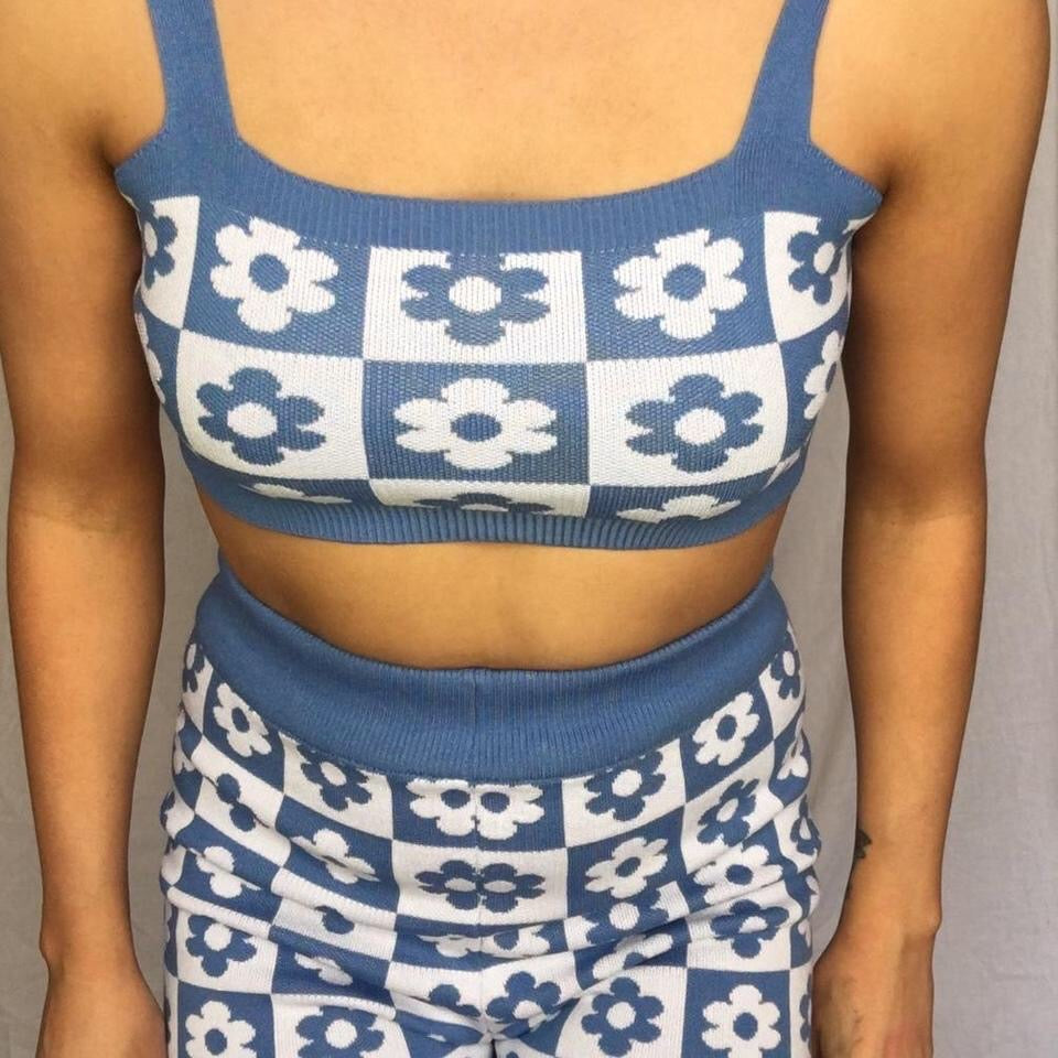 Blue Knitted Floral Checkerboard Shorts Set