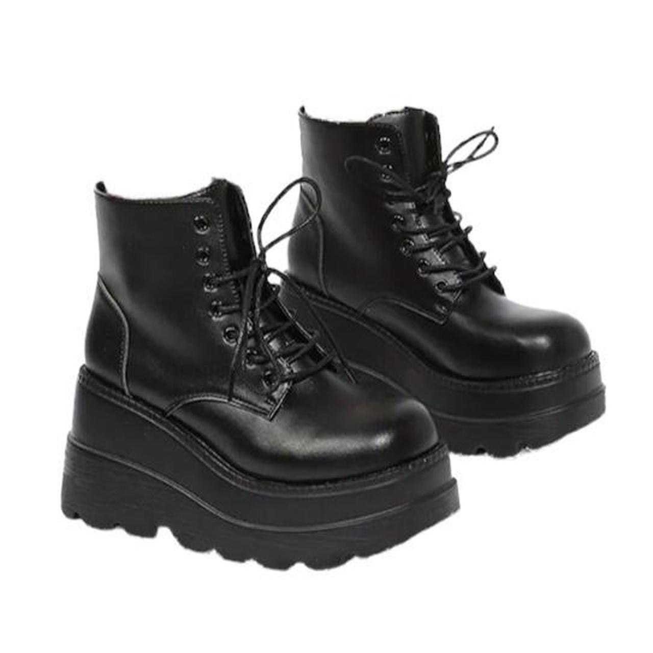 Black Matte Faux Leather Platform Lace Up Ankle Boots