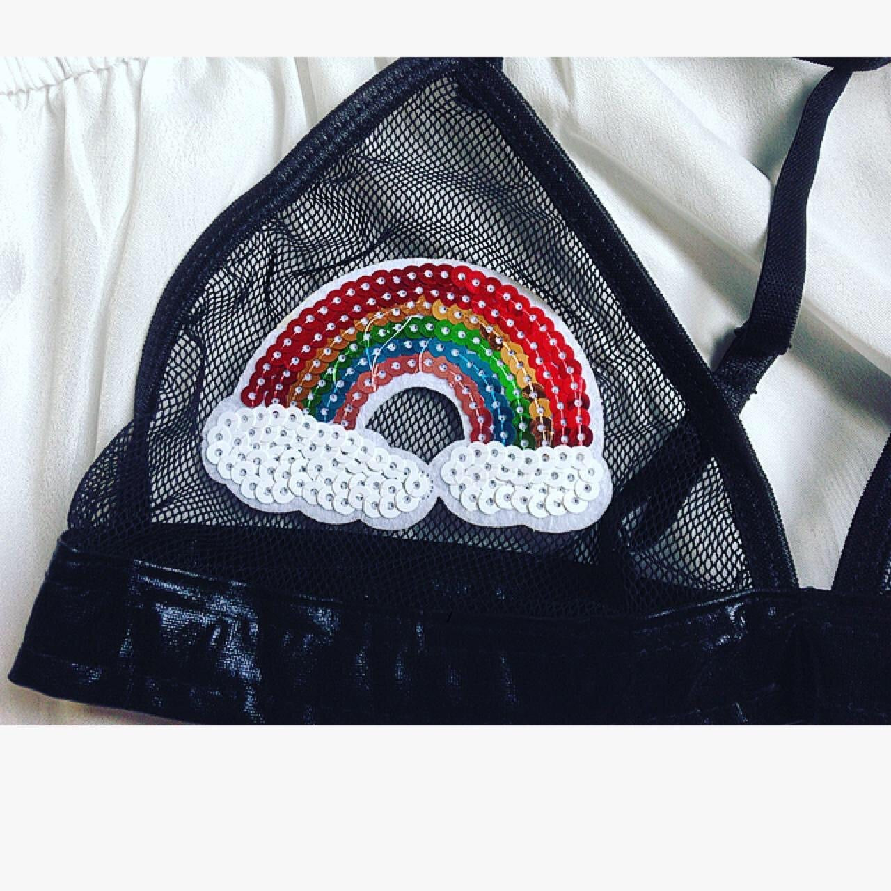 Sequin Rainbow Patch Mesh Faux Leather Bra