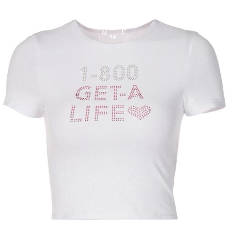 White 1-800 Get A Life Rhinestone Crop Top