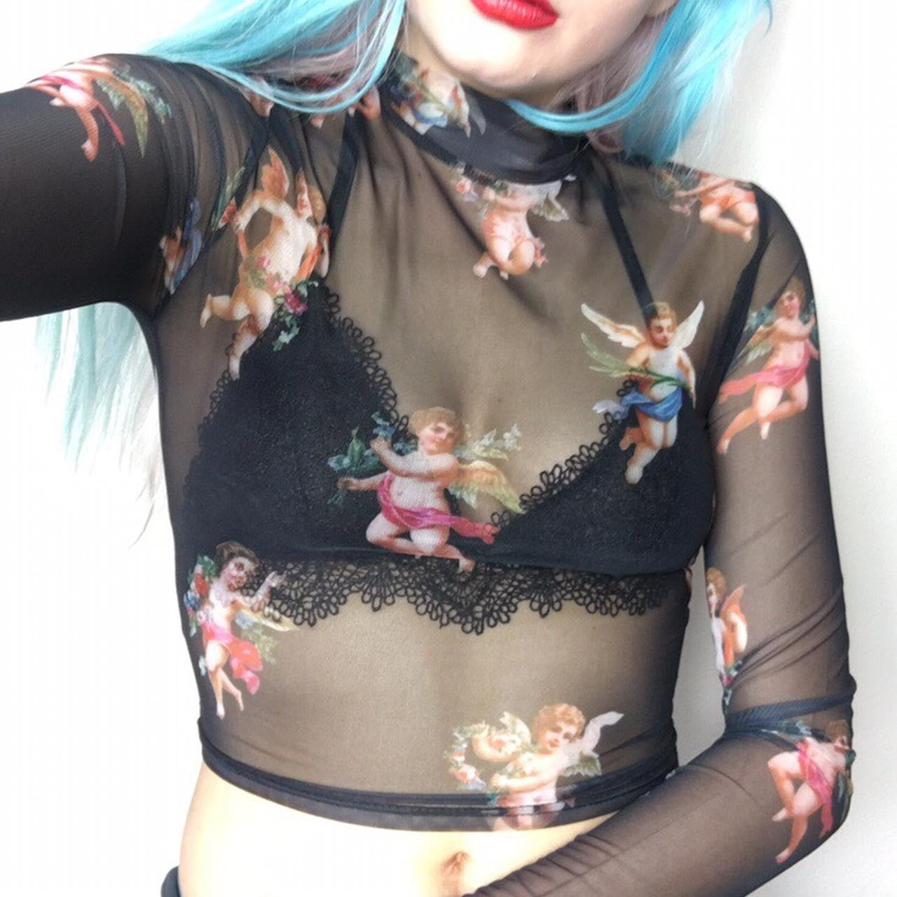 Black Cherub Print Mesh Crop Top