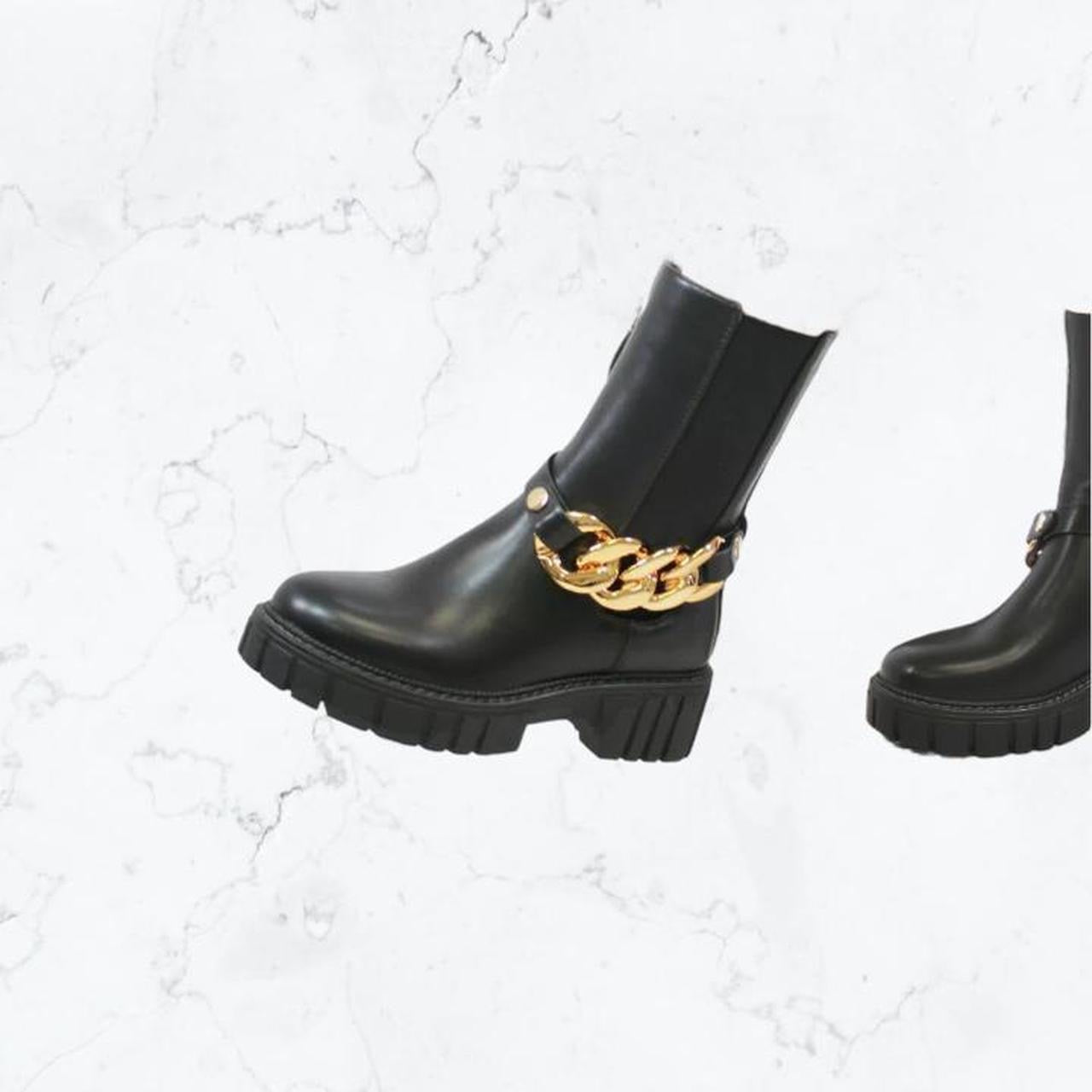 Black Faux Leather Gold Chain Ankle Boots