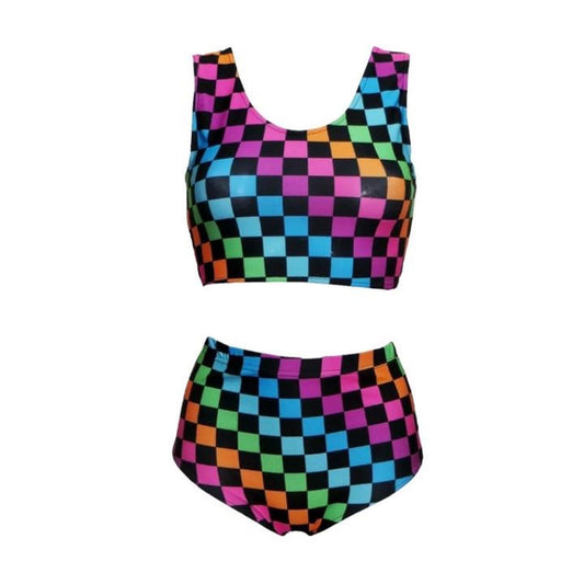 Multicoloured Checkerboard Shorts Crop Top Co-Ord Festival Set