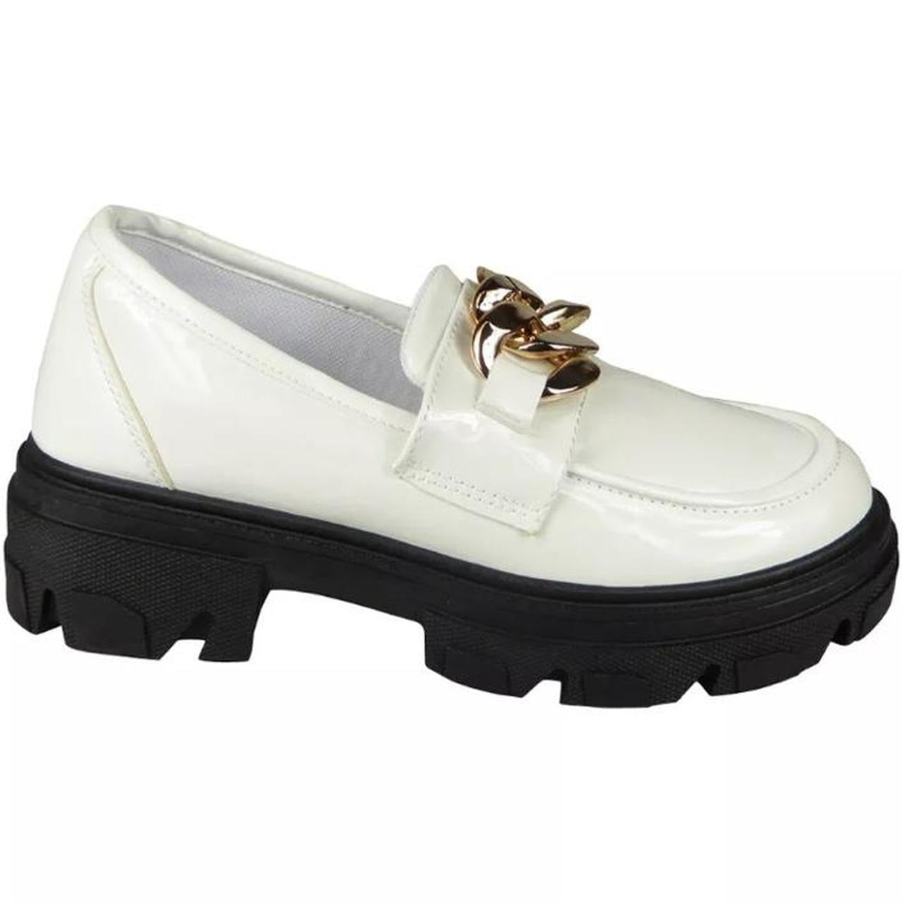 White Patent Faux Leather Chain Chunky Loafers