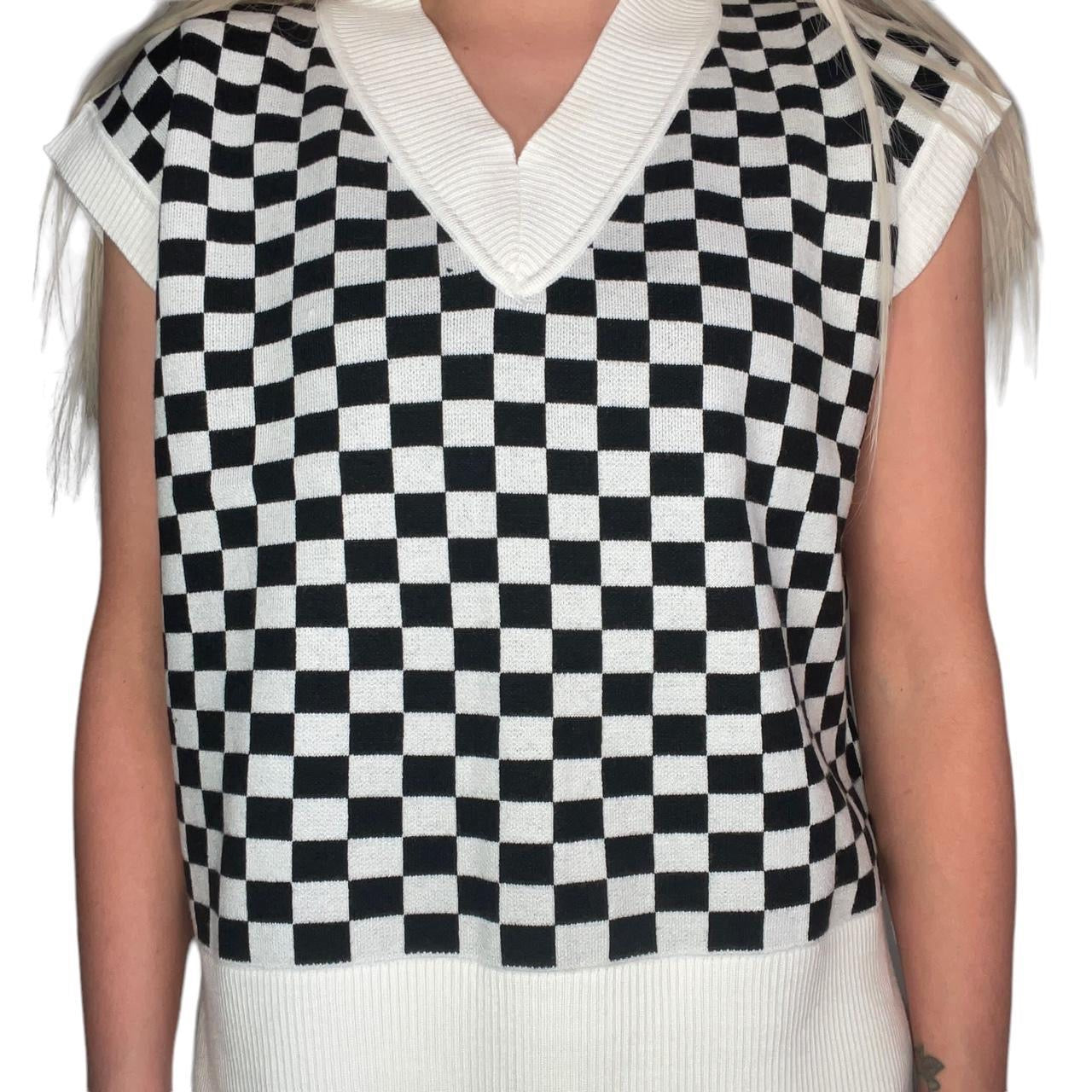 White and Black Checkerboard Knitted Sweater Vest