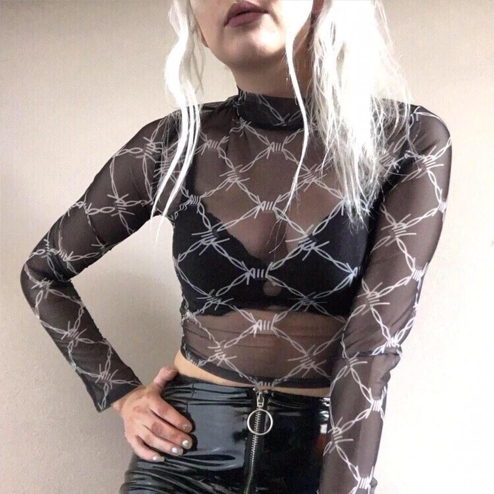 Black Mesh Wire Print Long Sleeve Crop Top