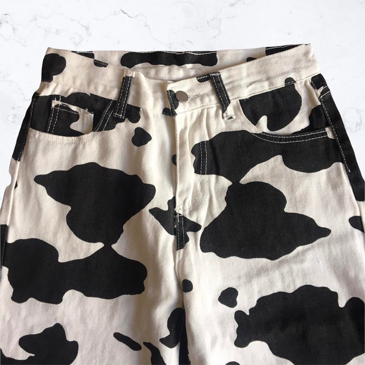 Black and White Cow Print Straight Leg Jeans