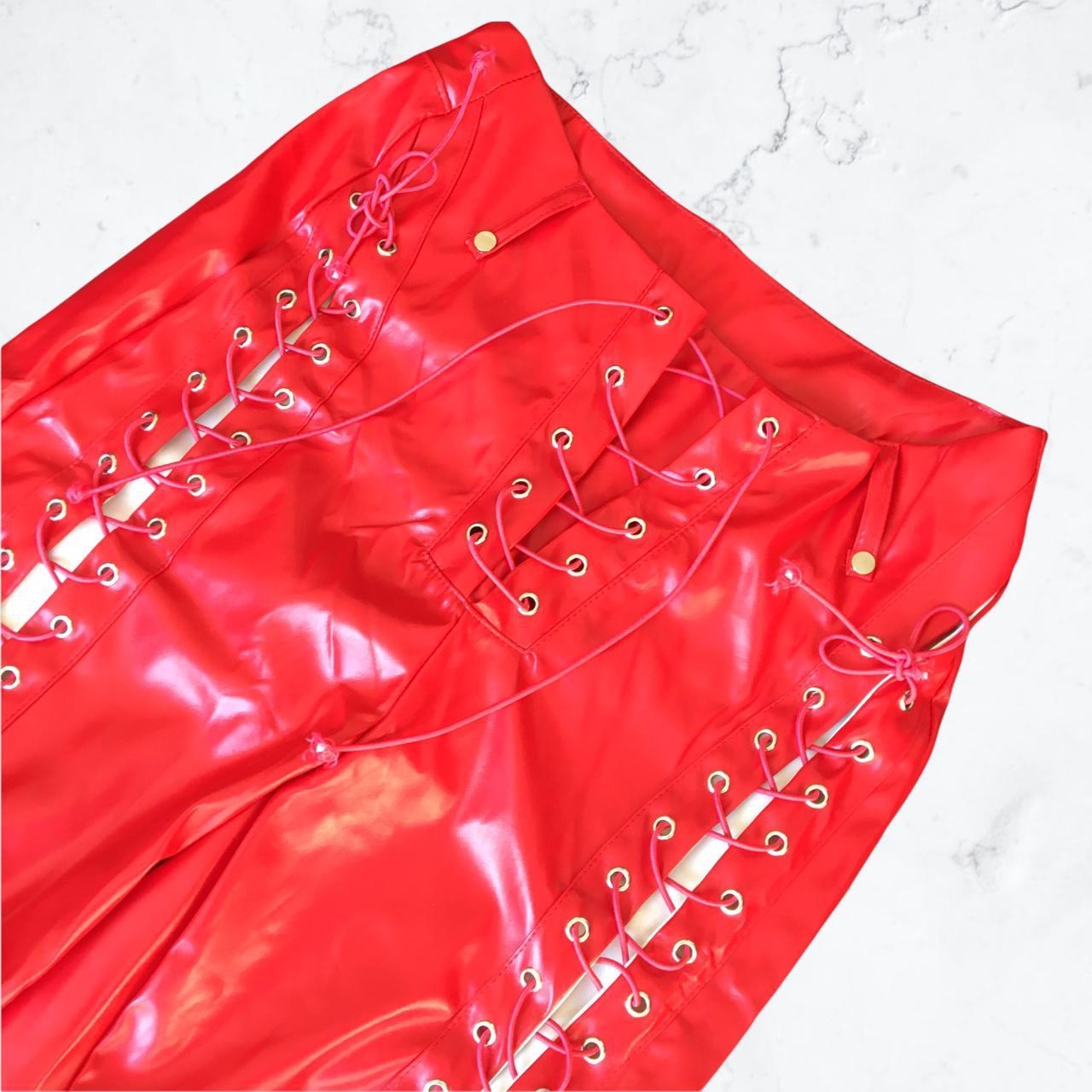 Red Faux Leather Lace Up Straight Leg Trousers