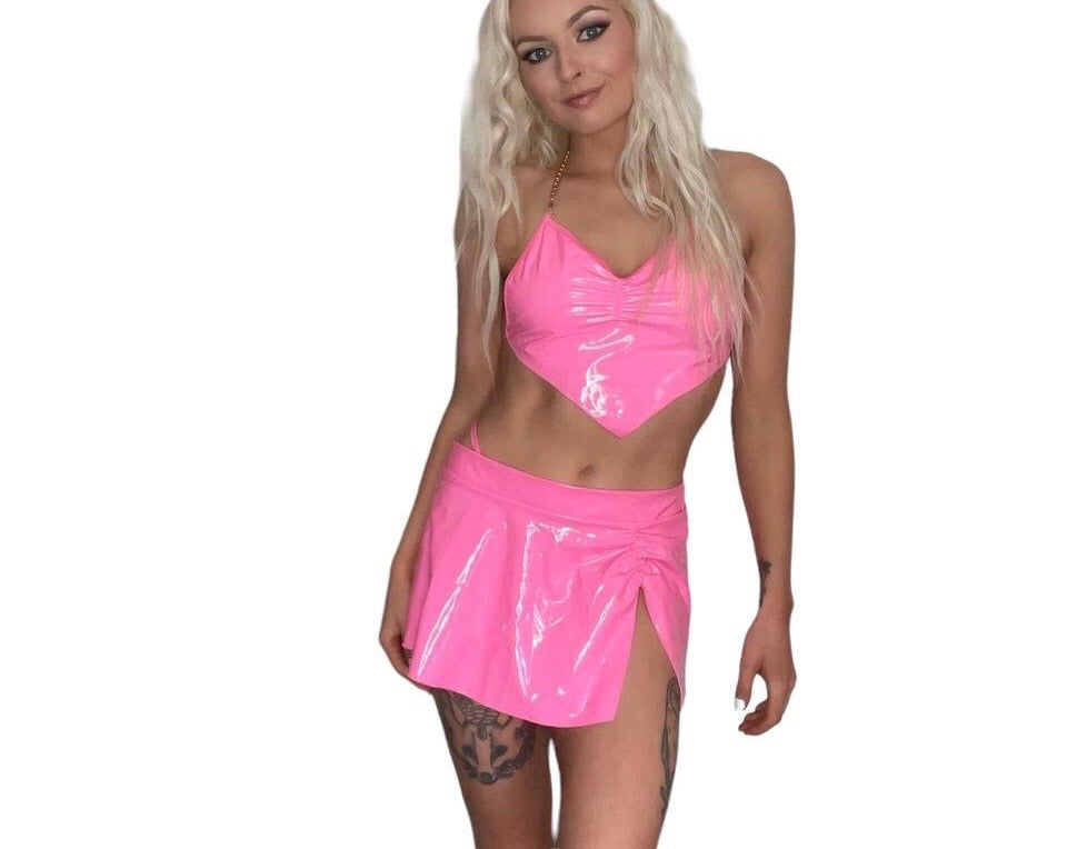 PVC Faux Leather Skirt Co-Ord Festival Set