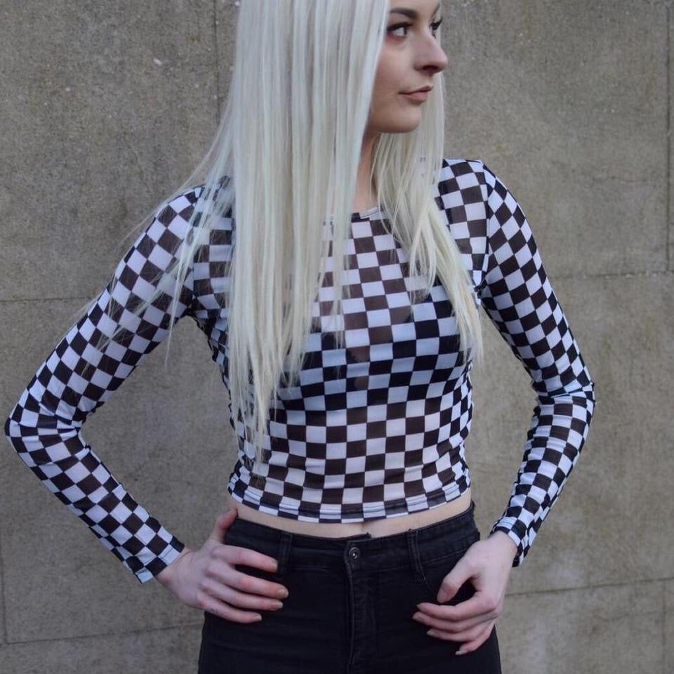 Black and White Checkerboard Mesh Crop Top