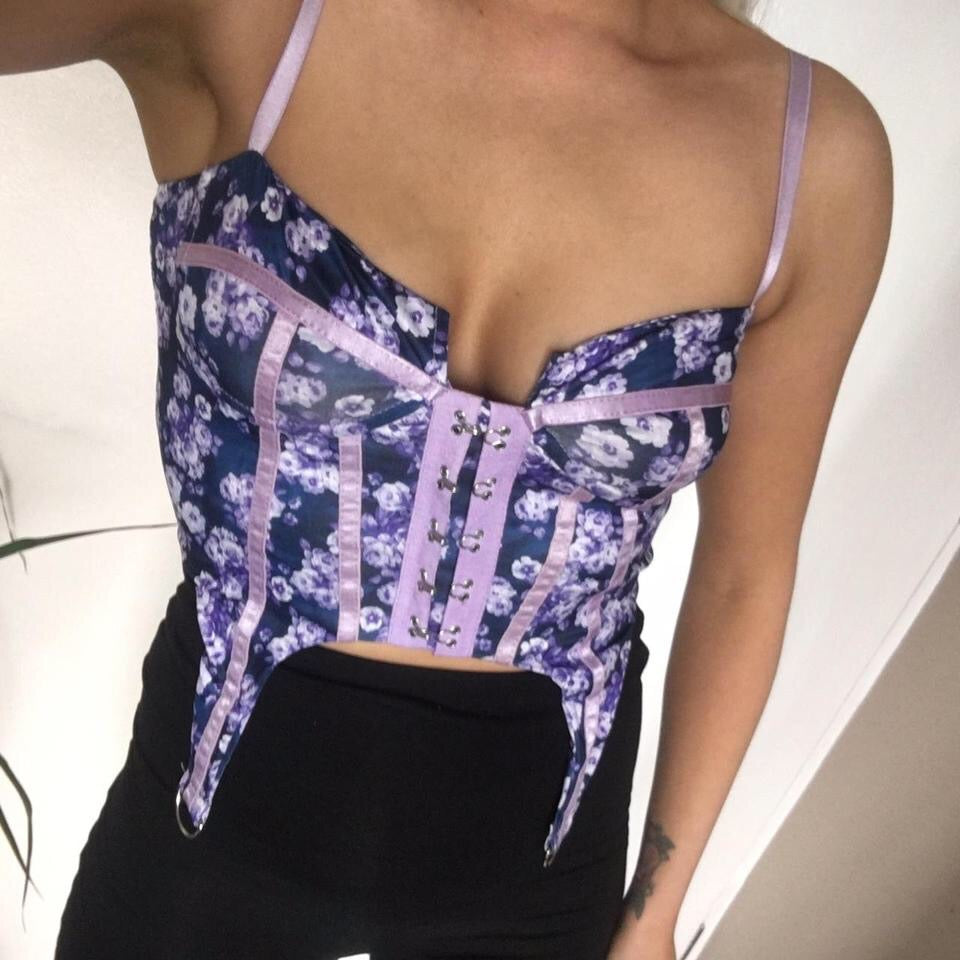 Purple Floral Corset Suspender Crop Top