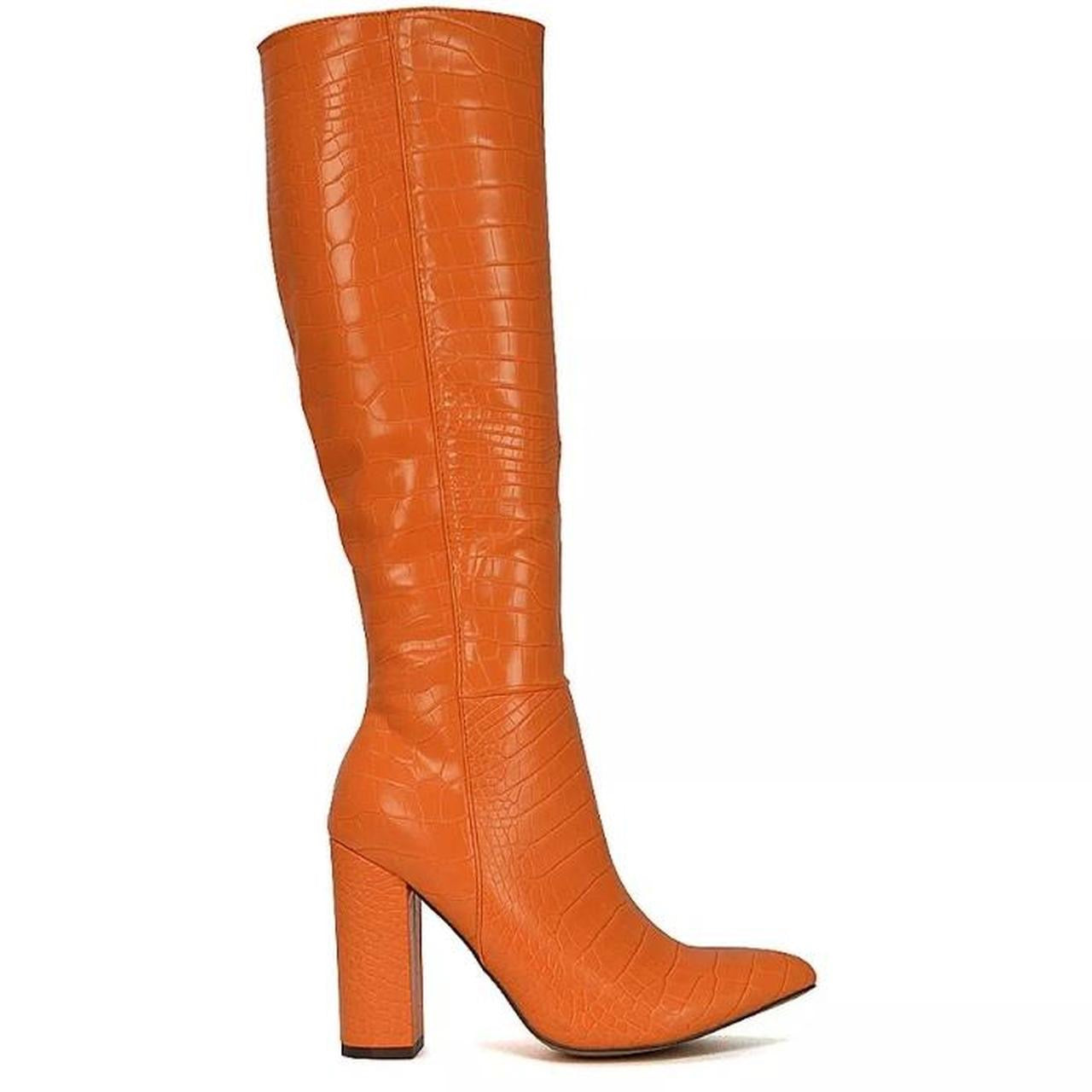 Orange Faux Leather Crocodile Knee High Heel Boots