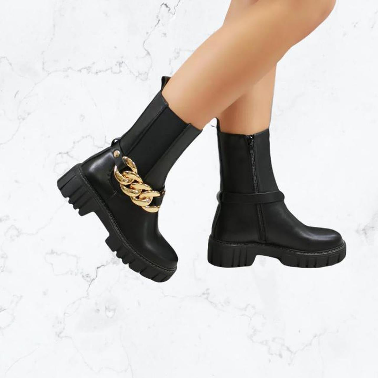 Black Faux Leather Gold Chain Ankle Boots