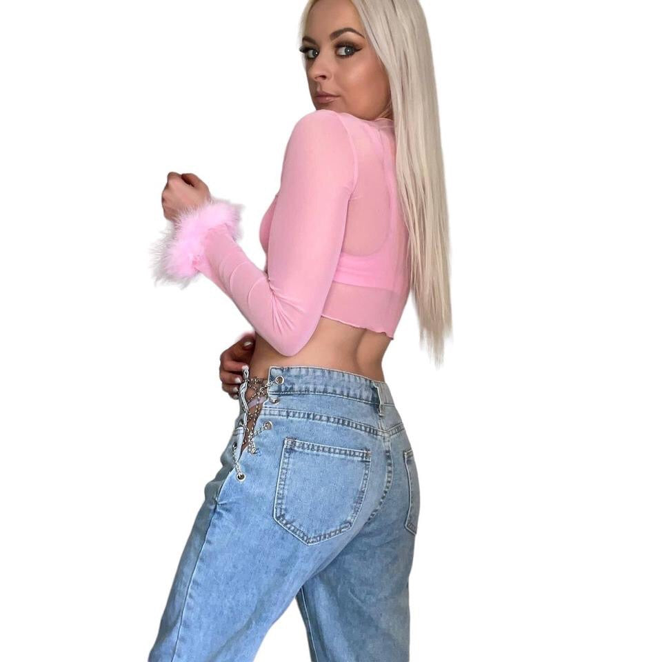 Pink Mesh Fluffy Long Sleeve Crop Top