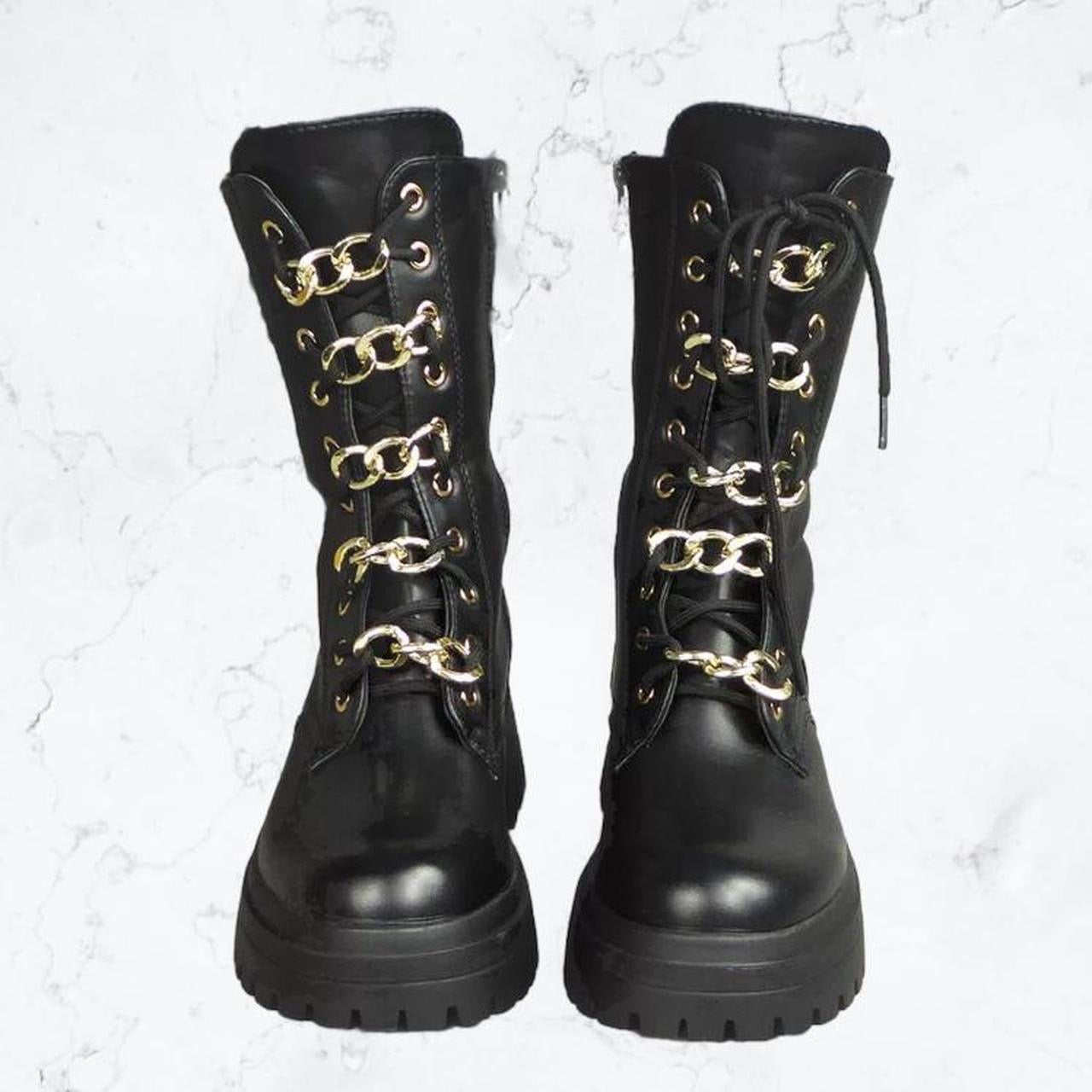 Black Faux Leather Chain Lace Up Punk Combat Boots