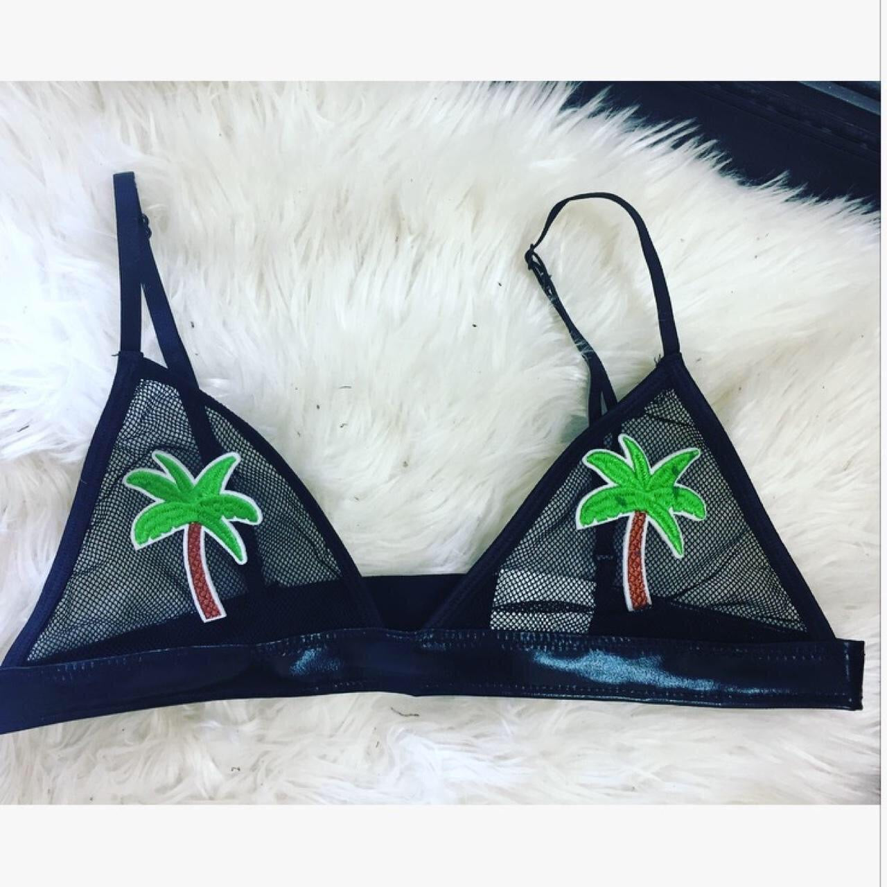 Palm Tree Patch Mesh Faux Leather Bra